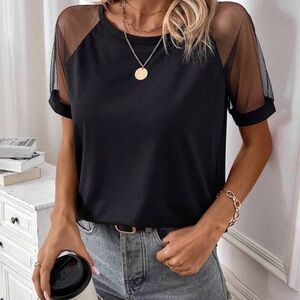 New black mesh short sleeve crew neck tshirt top L